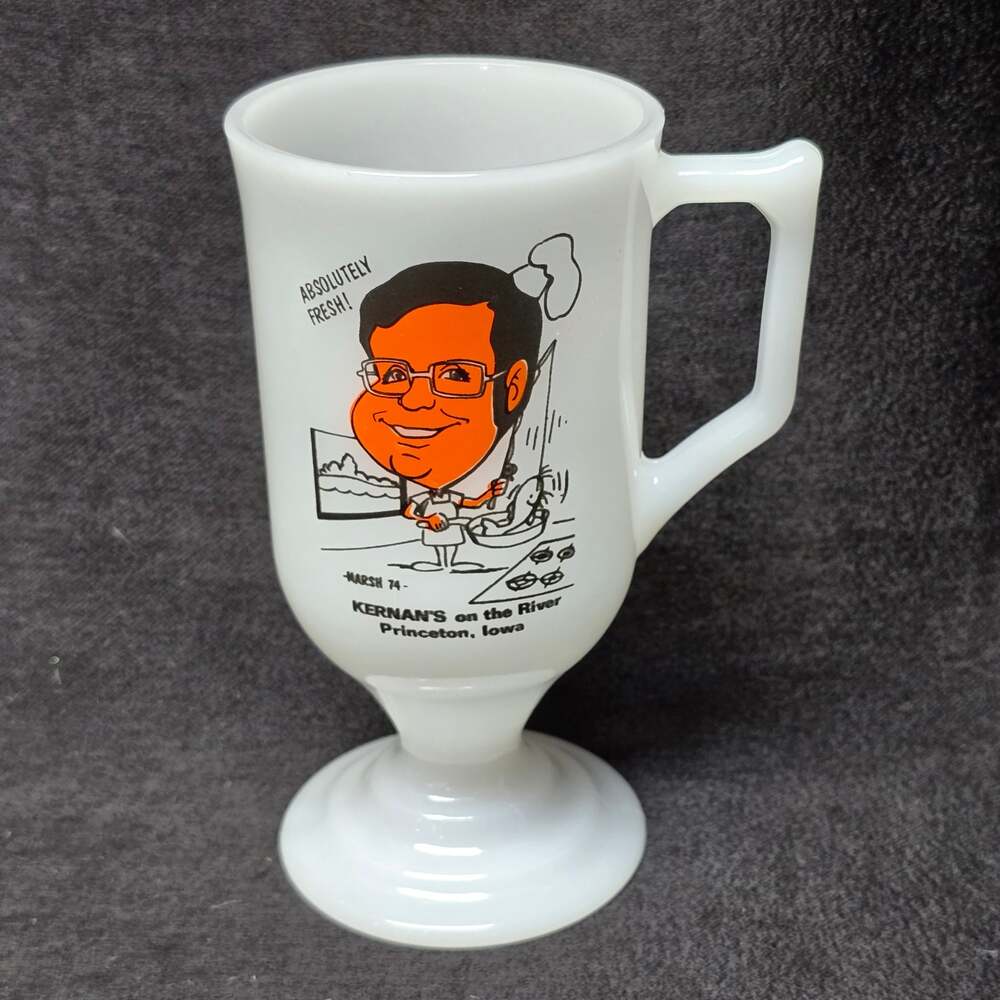 Vintage Kernan's on the River Riverview Princeton Iowa Footed Milk Glass Mug